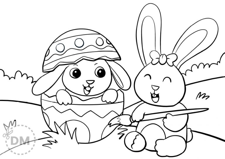Easter Rabbits Painting an Egg – Coloring Page